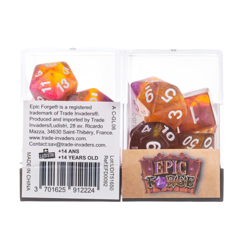 Würfelset 7 Resin-Würfel in Box – Glitzer Lila/Orange