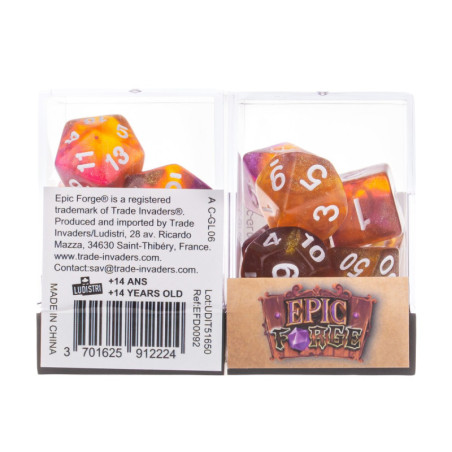 Würfelset 7 Resin-Würfel in Box – Glitzer Lila/Orange