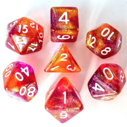 Würfelset 7 Resin-Würfel in Box – Glitzer Lila/Orange