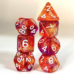 Würfelset 7 Resin-Würfel in Box – Glitzer Lila/Orange