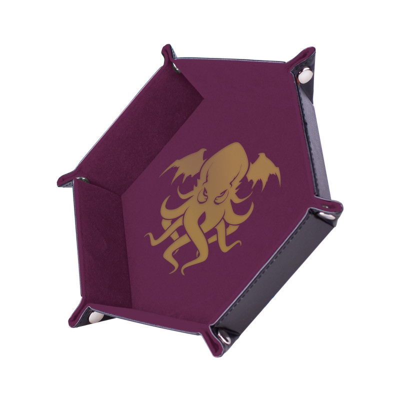 Würfelschale Cthulhu goldfarben/violett – 19 x 19 cm – Kunstleder & Samt
