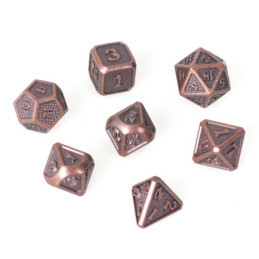 Metallwürfel-Set 7 Würfel 14 mm in Metallbox – bronzefarben