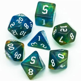 Würfelset 7 Resin-Würfel in Box – Glitzer Grün/Blau