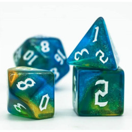 Würfelset 7 Resin-Würfel in Box – Glitzer Grün/Blau